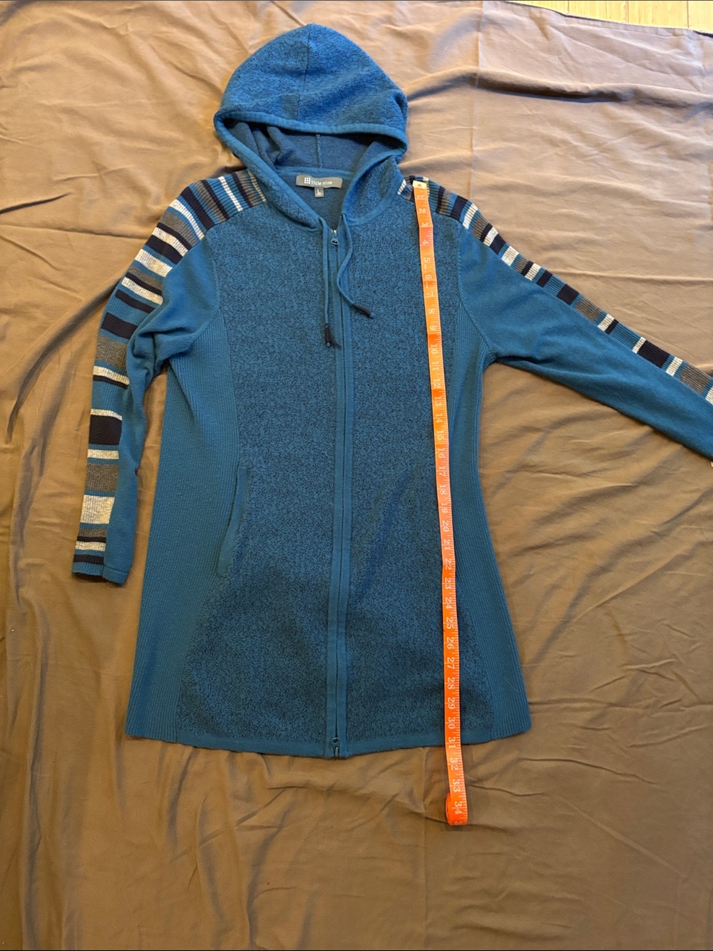 Title Nine Teal Hooded Zip Cardigan with Striped Sleeve Detail - Picture 5 of 6